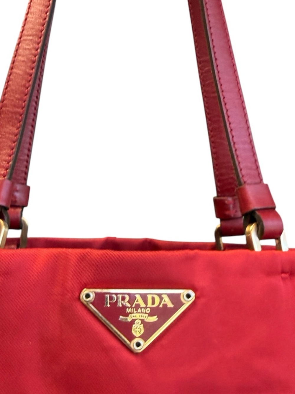 Prada Tessuto Nylon & Leather Shoulder Tote Bag Red & Gold - Picture 10 of 12